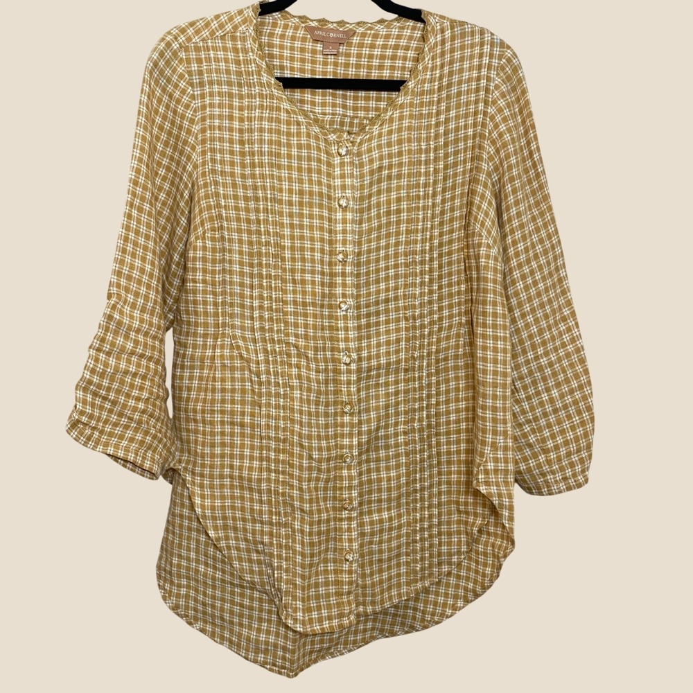 April Cornell Plaid Button Down Shirt Small 100% Linen Cottagecore Country Retro